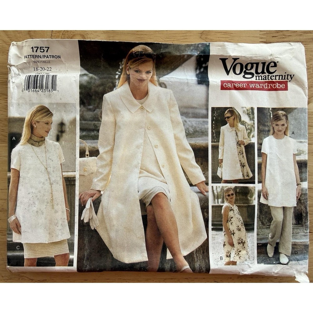 Vogue 1757 MATERNITY Career Wardrobe Coat Dress Tunic Skirt Pants Size 18-22 UC